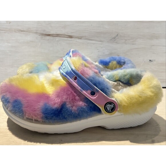 Crocs Sandals Womens Size 7 Rainbow Fur sure Clog tie tye dye rainbow cozy soft - Picture 3 of 9